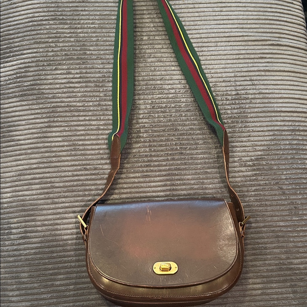 Vintage Polo by Ralph Lauren Brown Crossbody Bag with Green and Red Strap